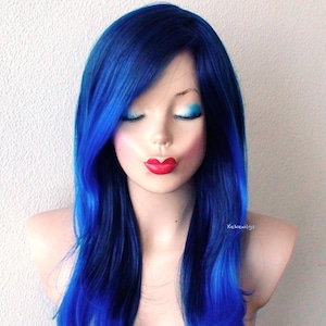 Blue Ombre wig. 26&quot; Wavy hair side bangs wig. Heat friendly synthetic hair wig.