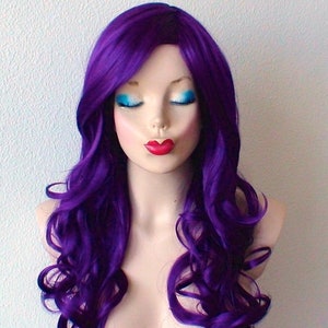 Purple wig. 26” Curly hair side bangs wig, Heat friendly synthetic hair wig.