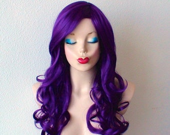 Purple wig. 26” Curly hair side bangs wig, Heat friendly synthetic hair wig.