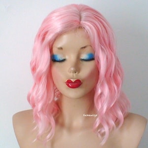 Peach Pink wig. 16&quot; Wavy hair wig. Heat friendly synthetic hair wig.