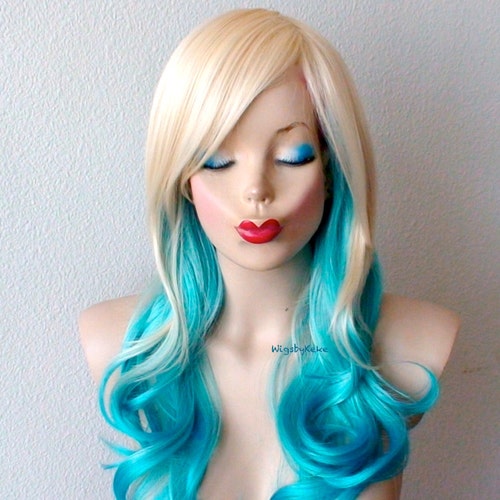 Teal Blue Wig. 26 Curly Hair Side Bangs Wig. Heat Etsy Australia