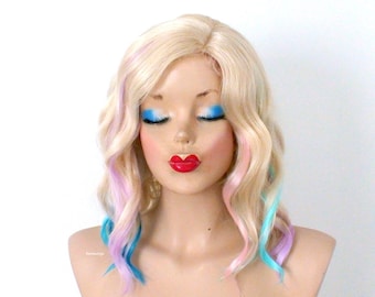 Pastel Blond Rainbow wig. 16" Wavy hair wig. Heat friendly synthetic hair wig.