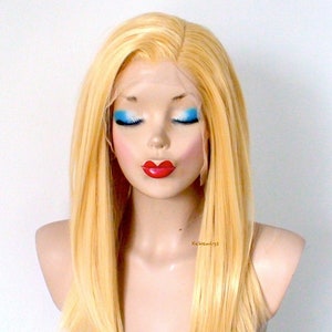 Peluca delantera de encaje. Peluca de pelo amarillo suave. Peluca pastel. Peluca de peinado recto. Peluca de pelo sintético resistente al calor.