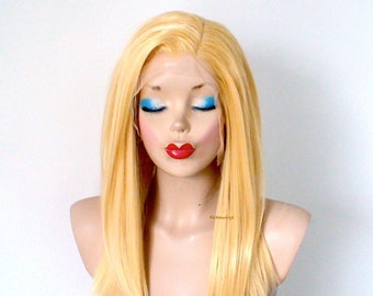 Lace front wig. Soft yellow hair wig. Pastel wig. Straight hairstyle wig. Heat friendly synthetic hair wig.