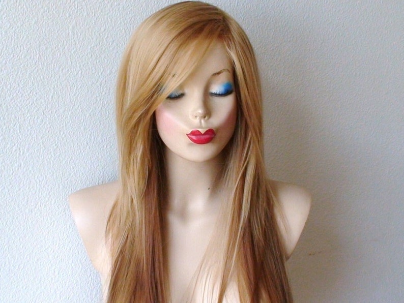 Golden blonde ombre wig. 28 Straight layered hair side bangs wig. Heat friendly synthetic hair wig. image 2