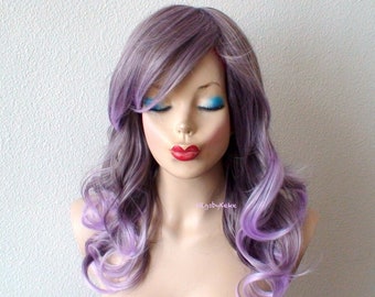 Lavender Ombre wig. 20” Wavy hair side bangs wig. Heat friendly synthetic hair wig.