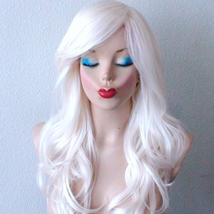 White wig. 26 Curly hair side bangs wig. Heat friendly synthetic hair wig. image 1