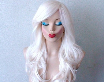 White wig. 26" Curly hair side bangs wig. Heat friendly synthetic hair wig.