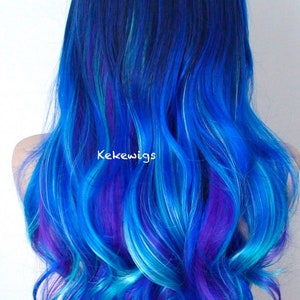 Blue wig. Galaxy wig. Ombre wig. 26" Wavy hair side bangs wig. Heat friendly synthetic hair wig.