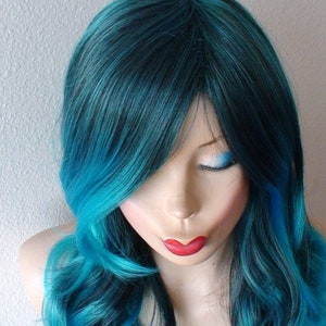 Teal Blue Ombre wig. 26 Curly hair side bangs wig. Heat friendly synthetic hair wig. image 4