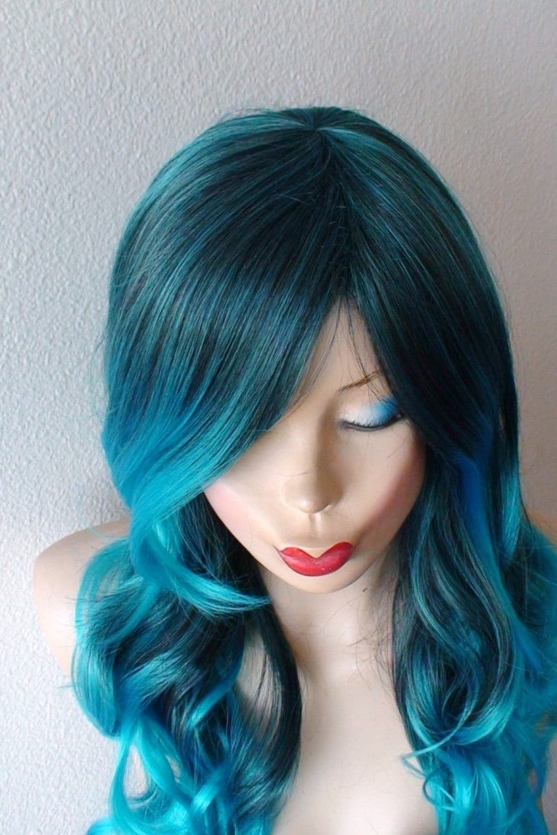 Teal Blue Ombre wig. 26 Curly hair side bangs wig. Heat friendly synthetic hair wig. image 4