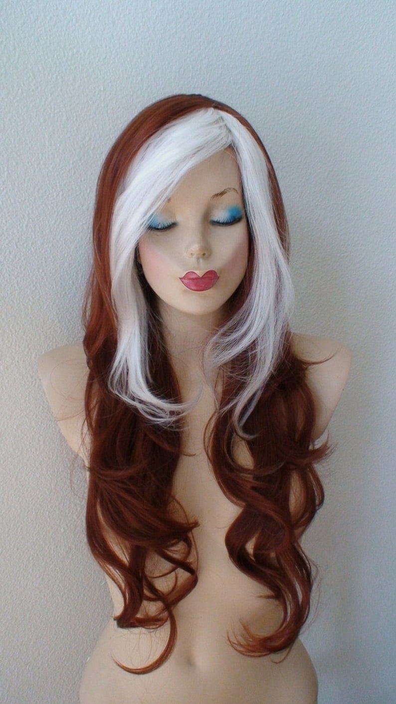 Cosplay wig. Auburn hair White bangs wavy hairstyle Cosplay wig. Heat friendly synthetic hair wig. image 2