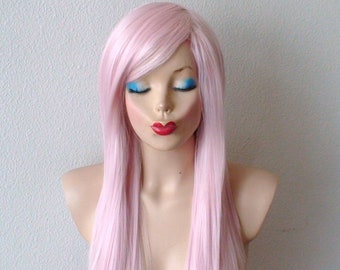 Pastel Pink wig. 28" Straight layered hair side bangs wig. Heat friendly synthetic hair wig.