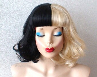Blonde Black wig. Short wig. Blonde Black side by side wig. Heat friendly synthetic hair wig. Cosplay wig.