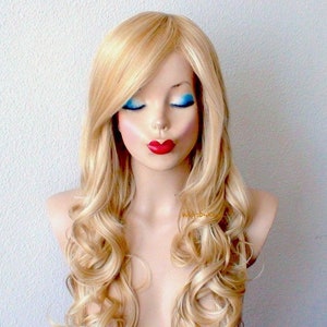 Blonde wig. 26" Curly hair side bangs wig. Heat friendly synthetic hair wig.