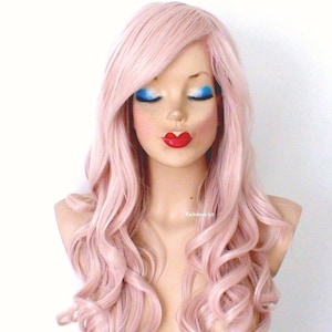 Antique Pink wig. 26&quot; Curly hair side bangs wig. Heat friendly synthetic hair wig.