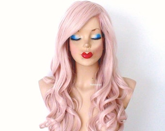 Antique Pink wig. 26" Curly hair side bangs wig. Heat friendly synthetic hair wig.