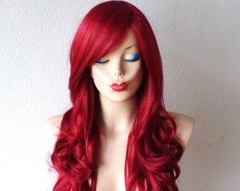 Wine Red wig. 26” Curly hair side bangs wig. Heat friendly synthetic hair wig.
