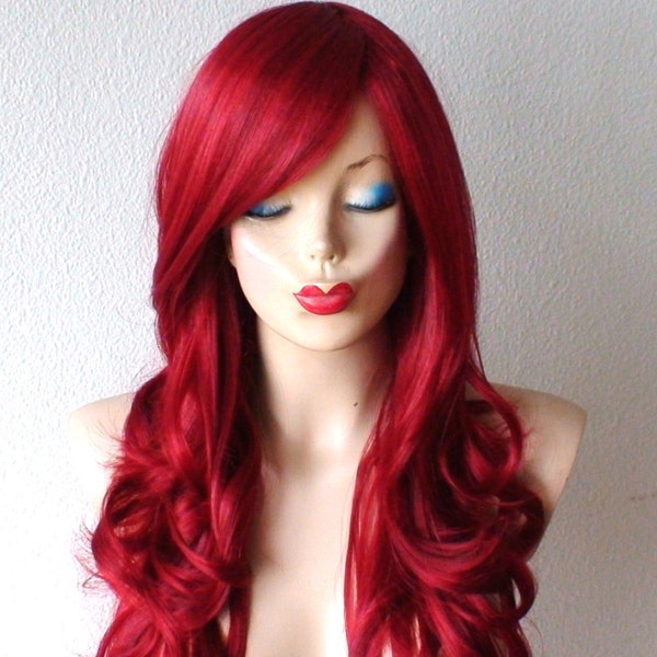 Wine Red wig. 26” Curly hair side bangs wig. Heat friendly synthetic hair wig.
