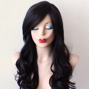 Dark Brown wig. 26” Curly hair side bangs wig. Heat friendly synthetic hair wig.