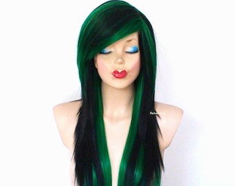 Scene wig. Emo wig. Black Green wig. 28” Straight layered hair side bangs wig. Heat friendly synthetic hair wig.