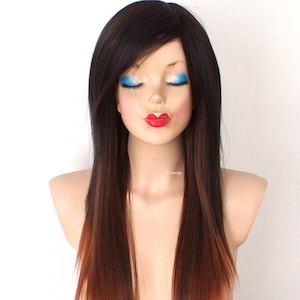 Brown Auburn ombre wig. 28&quot; Straight hair side bang wig. Heat-friendly synthetic hair wig.