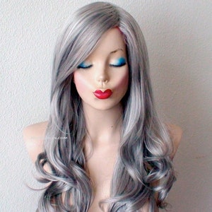 Gray wig. Salt pepper gray 26" curly hair side bangs wig. Heat-friendly synthetic hair wig.