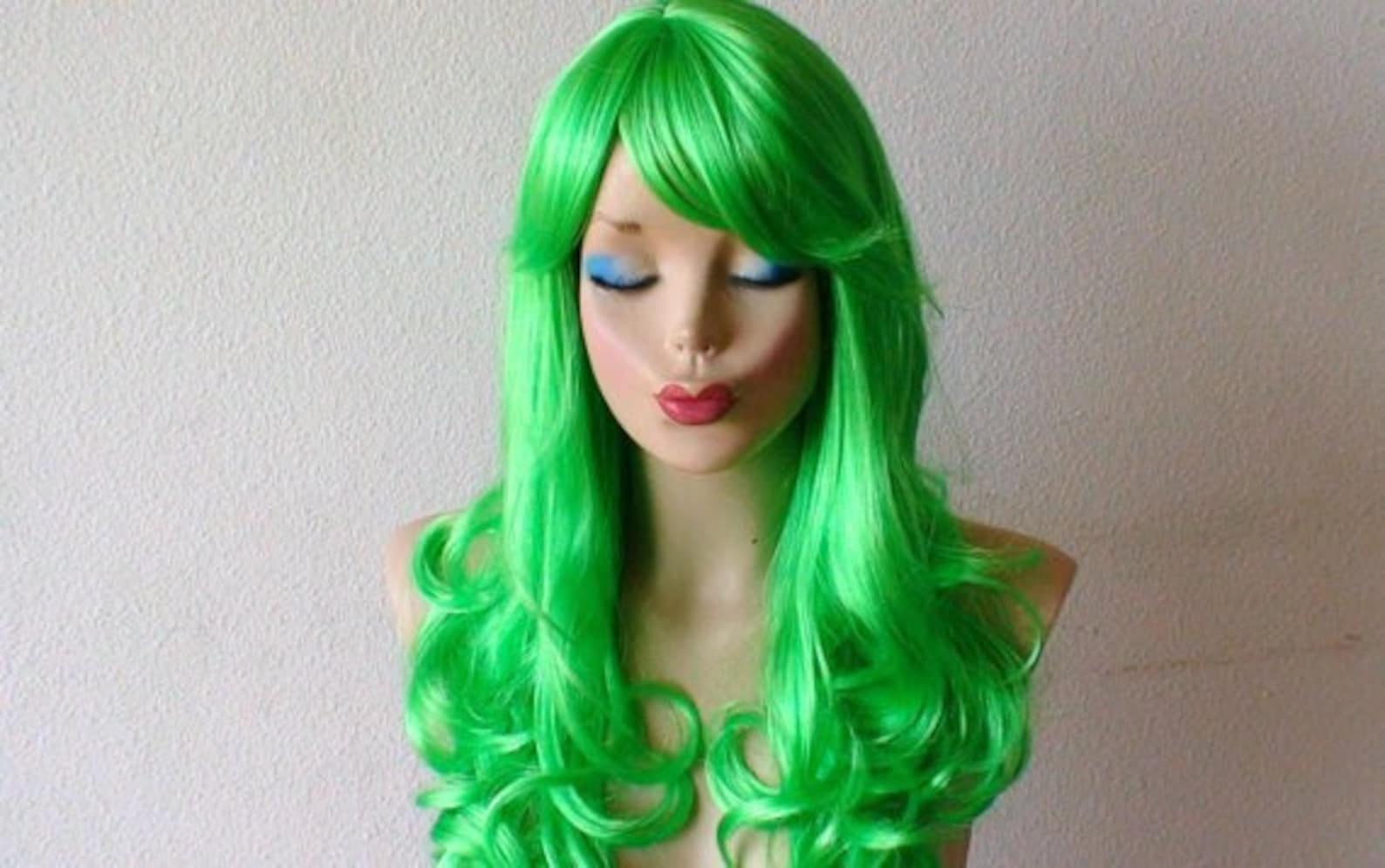 Lime green wig. Green hair wig. Lime green color wig. Cosplay Etsy