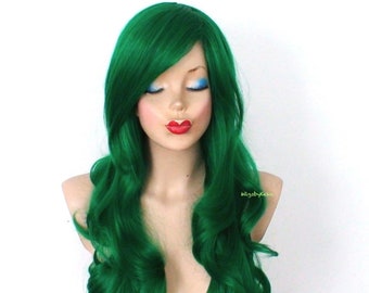 Green wig. 26" Curly hair side bangs wig. Heat friendly synthetic hair wig.