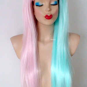 Pastel Pink Mint side by side wig. 28 Straight layered hair with bangs wig. Heat friendly synthetic hair wig. image 4