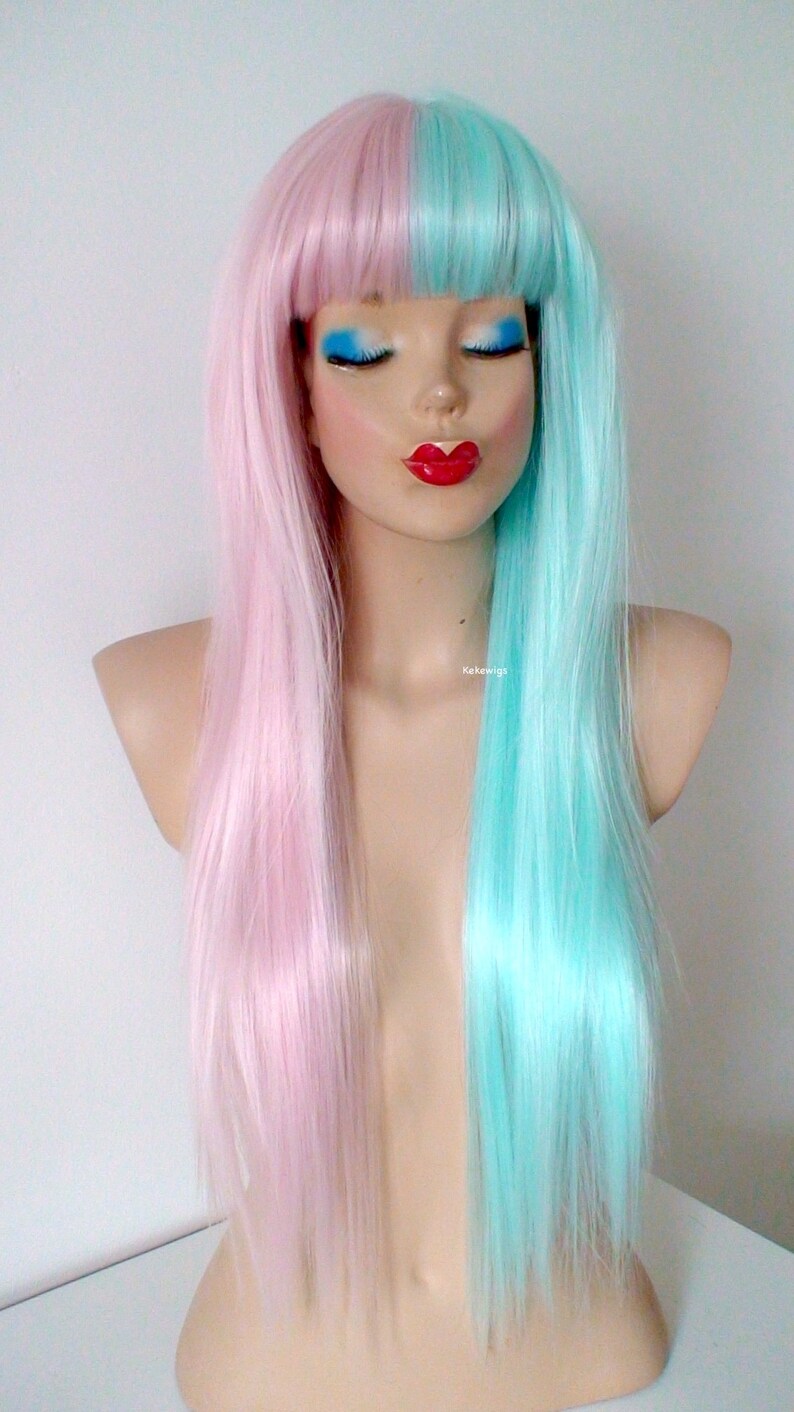 Pastel Pink Mint side by side wig. 28 Straight layered hair with bangs wig. Heat friendly synthetic hair wig. image 4