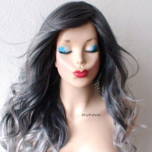 Black Gray Ombre wig. 26&quot; Curly hair side bangs wig. Heat friendly synthetic hair wig.