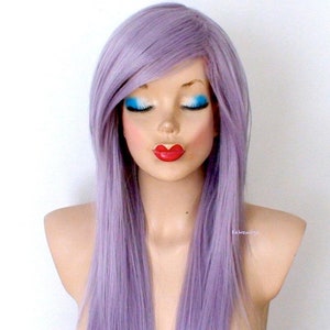Pastel Smoky Lavender wig. Long straight hairstyle wig. Heat-friendly synthetic hair wig.