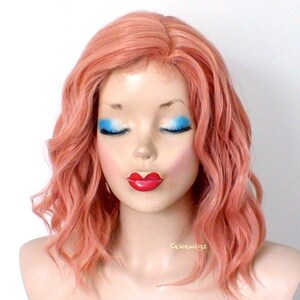 Rose gold wig. 16&quot; Wavy hair wig. Heat friendly synthetic hair wig.
