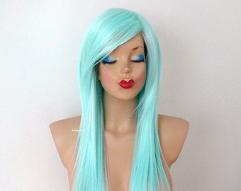 Pastel Mint wig. 28" Straight layered hair side bangs wig. Heat friendly synthetic hair wig.