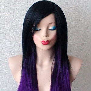 Black Purple Ombre wig. 28 Straight layered hair side bangs wig. Heat friendly synthetic hair wig. image 2