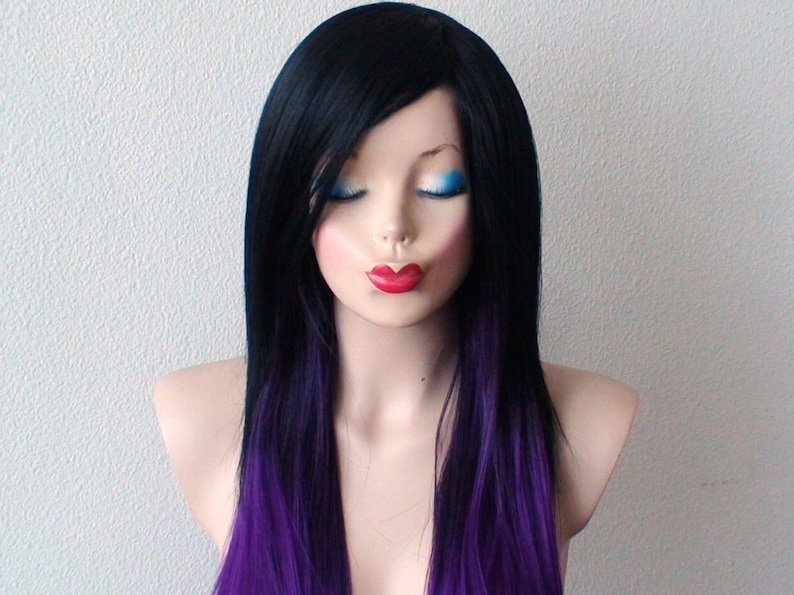 Black Purple Ombre wig. 28 Straight layered hair side bangs wig. Heat friendly synthetic hair wig. image 2