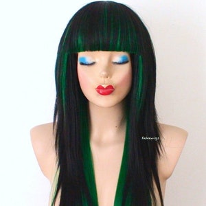 Black/Green wig. 28” Straight layered hair with bangs wig. Heat friendly synthetic hair wig.