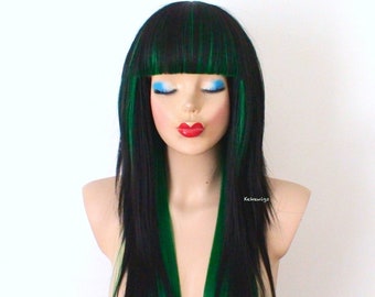 Black/Green wig. 28” Straight layered hair with bangs wig. Heat friendly synthetic hair wig.