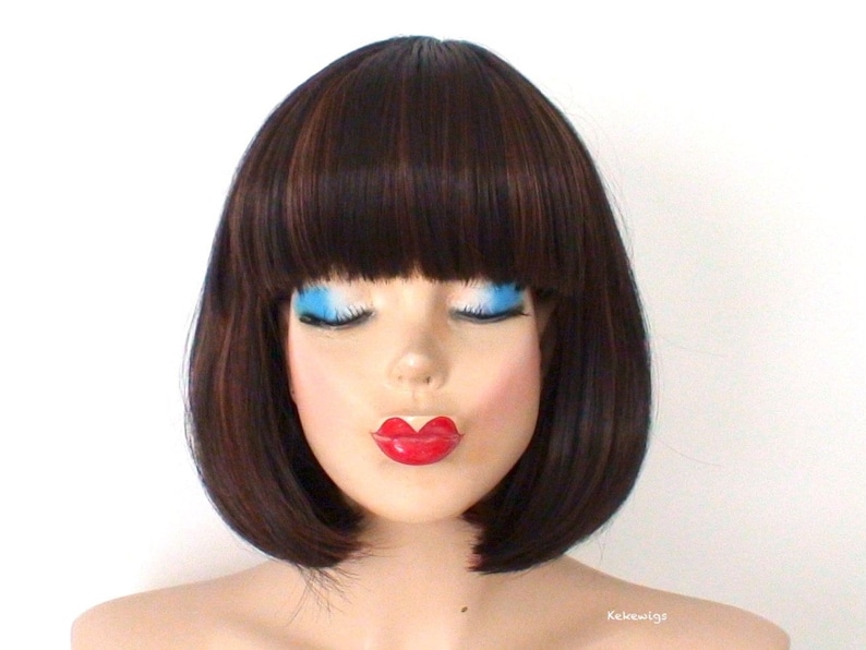 Brown / Auburn Bob hair wig. Short hair wig with bangs. Heat friendly synthetic hair wig. image 1