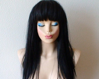 Black Straight Wig with Bangs: Futura Synthetic Hair, 28-29 Inch