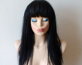 Black wig. Black straight hair with bangs wig. Synthetic wig for women.