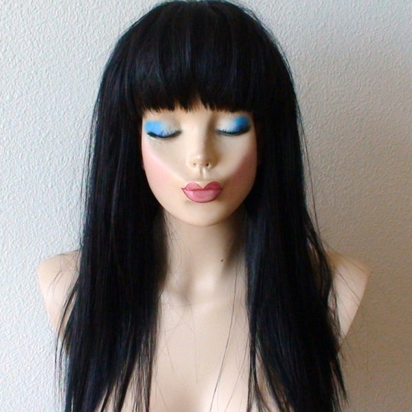 Black wig. Black straight hair with bangs wig. Synthetic wig for women.