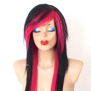 Emo wig. Black Hot Pink Ombre wig. Scene wig. 28" Straight layered wig with side bangs. Cosplay wig.