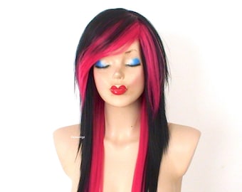 Black Hot Pink Ombre Wig: 28" Layered Scene Cosplay Wig