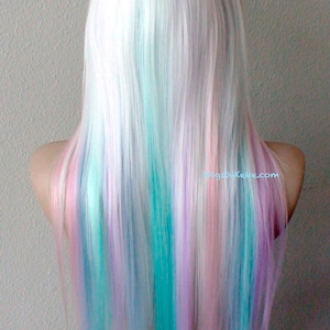 Pastel rainbow ombre wig. 28&quot; Straight Ombre hair side bangs wig. Cosplay wig.