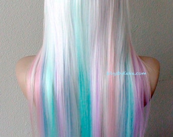 Pastel rainbow ombre wig. 28" Straight Ombre hair side bangs wig. Cosplay wig.