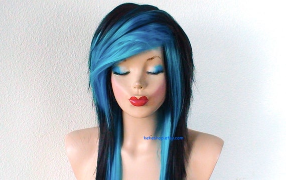 Emo wig. Black Turquoise ombre wig. 28 Straight layered hair side bangs wig.Cosplay wig