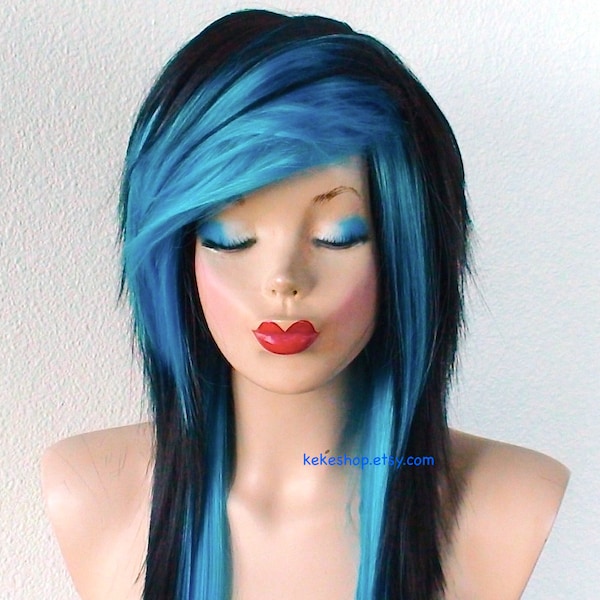 Emo wig. Black Turquoise ombre wig. 28" Straight layered hair side bangs wig.Cosplay wig.