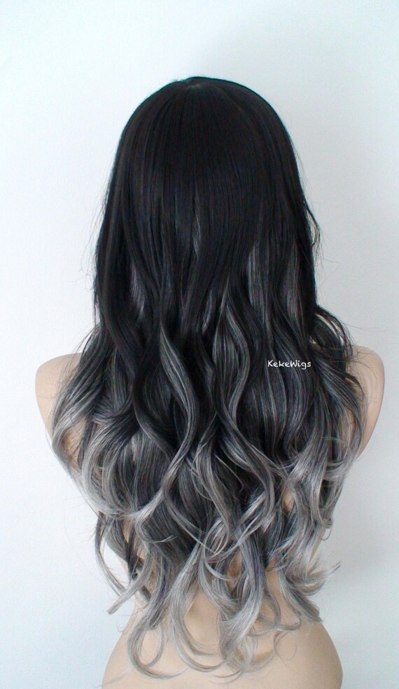 Black Gray Ombre Wig Long Wavy Hairstyle Long Side Bangs Wig Etsy